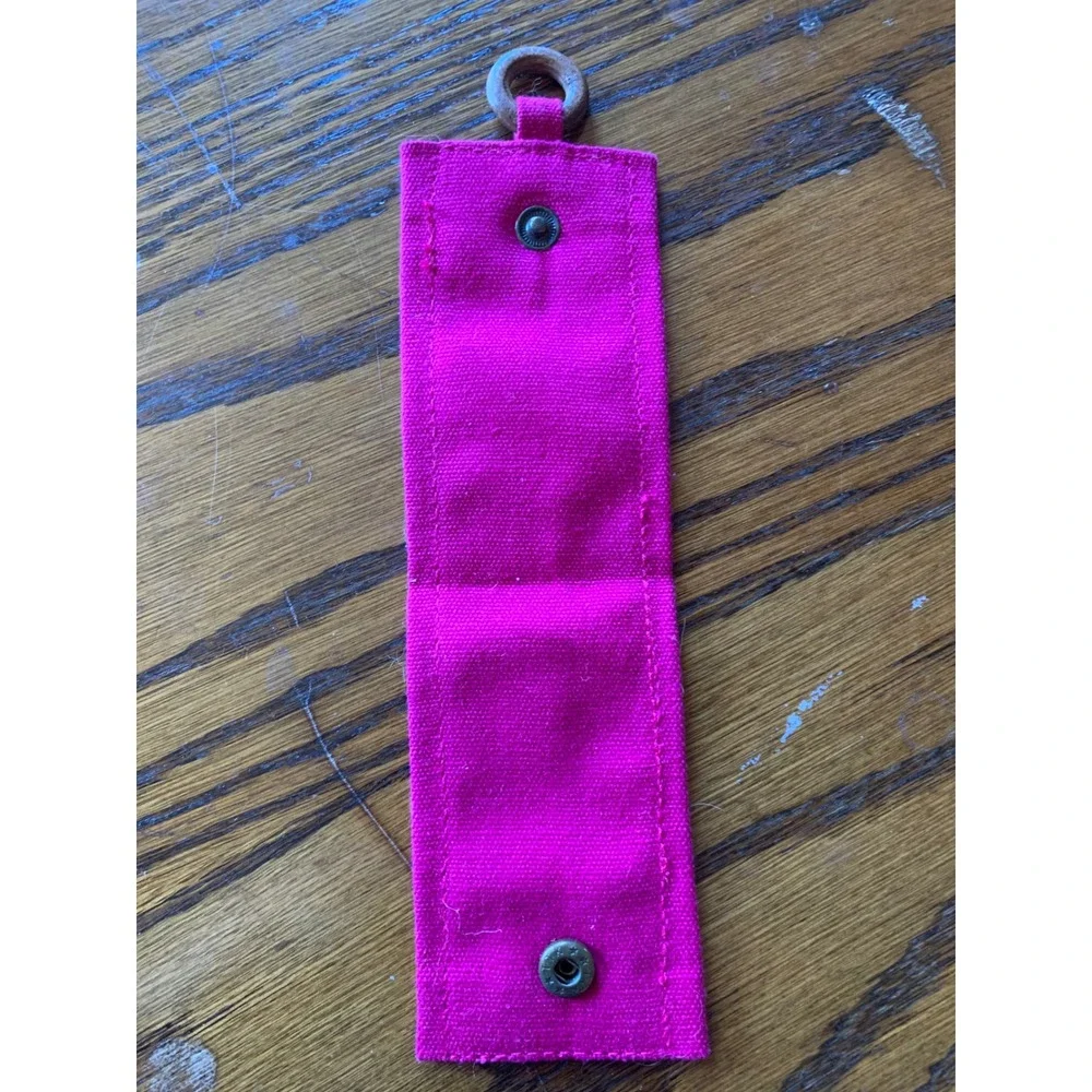 Laurel Burch Pink Canvas Floral Fold Over Keychain Fob Wood Ring Snap Closure